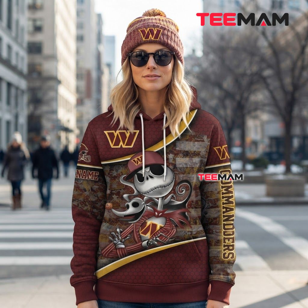 Custom Name Washington Commanders 3D Hoodie Jack Skellington Ghost Back Custom Name Washington Commanders 3D Hoodie Jack Skellington Ghost Back