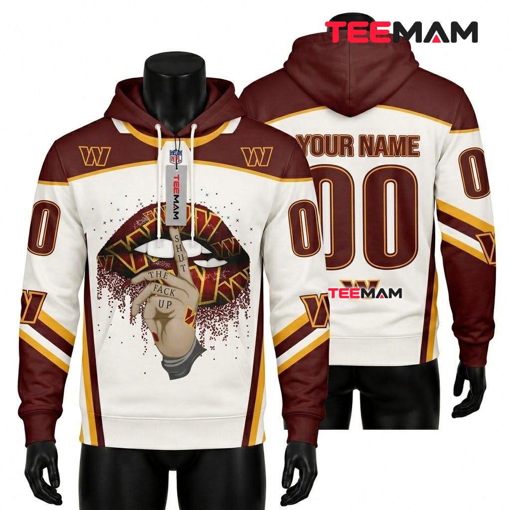 Custom Name Washington Commanders 3D Hoodie Lips Finger Jersey Front