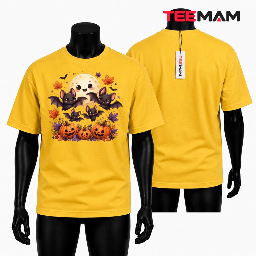 Cute Bats Halloween T-Shirt Moon Pumpkin Autumn Leaves