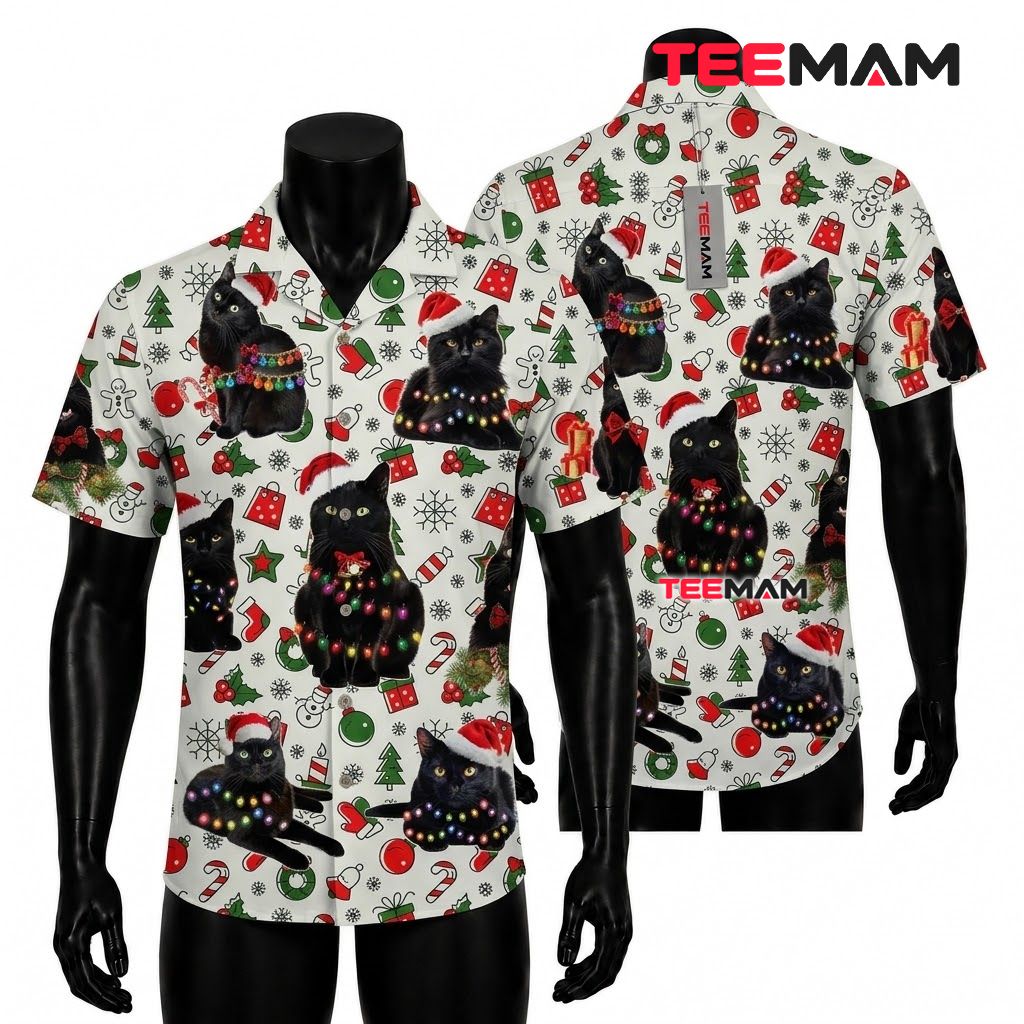 Cute Christmas Hawaiian Shirt Black Cat Lights White Pattern Front