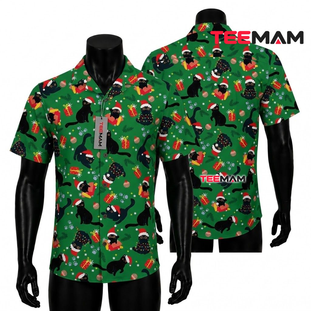 Cute Christmas Hawaiian Shirt Black Cat Santa Hat Gift Green Front