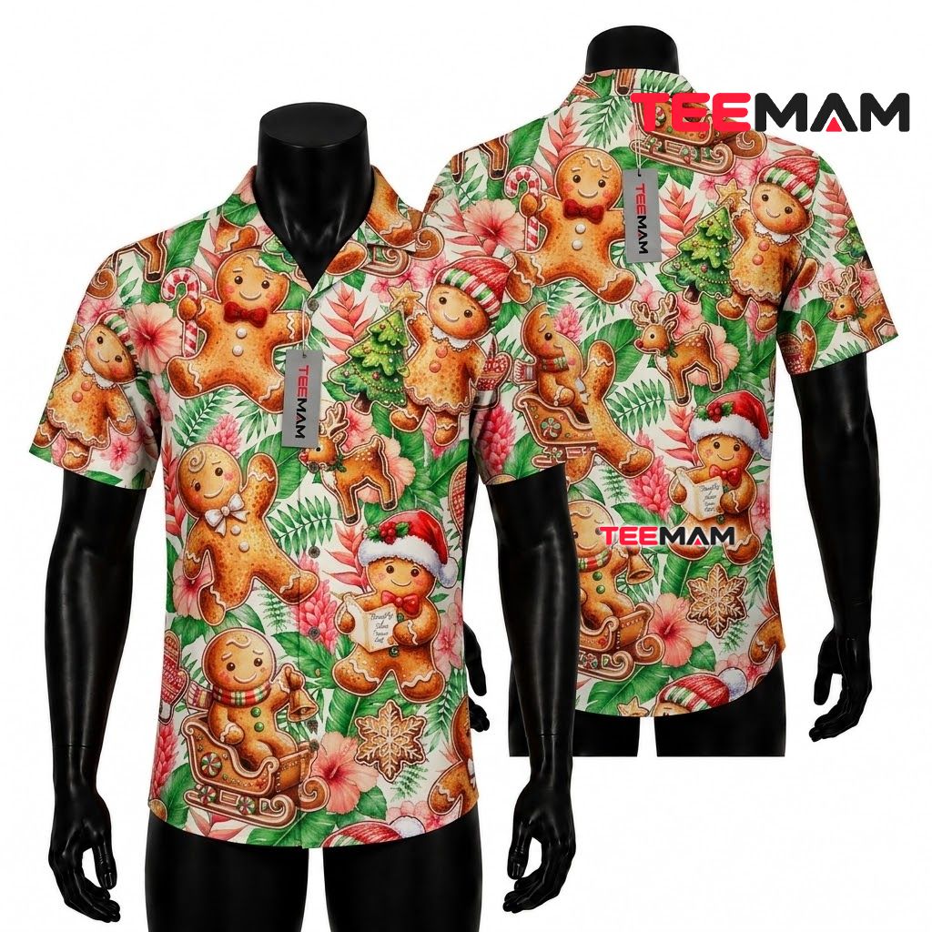 Cute Christmas Hawaiian Shirt Gingerbread Man Floral Tropical White Front