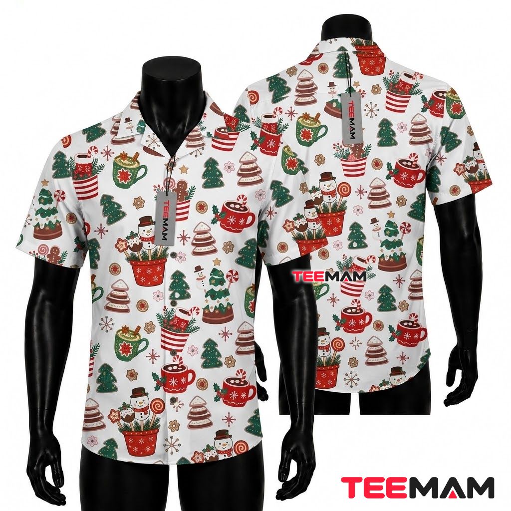 Cute Christmas Hawaiian Shirt Hot Cocoa Gingerbread Snowman White Front