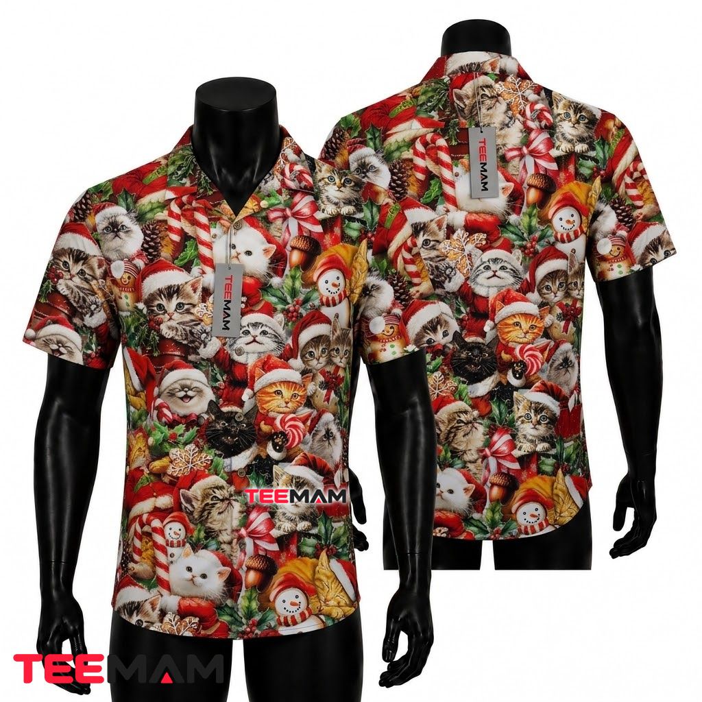 Cute Christmas Hawaiian Shirt Kitten Santa Hat Snowman Red Front
