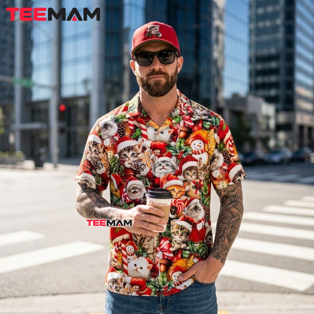 Cute Christmas Hawaiian Shirt Kitten Santa Hat Snowman Red Back Cute Christmas Hawaiian Shirt Kitten Santa Hat Snowman Red Back