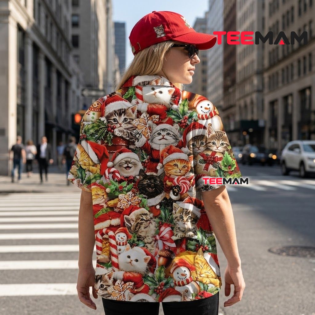Cute Christmas Hawaiian Shirt Kitten Santa Hat Snowman Red Version 3 Cute Christmas Hawaiian Shirt Kitten Santa Hat Snowman Red Version 3