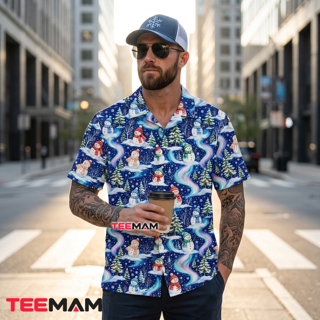Cute Christmas Hawaiian Shirt Snowman Northern Lights Winter Blue Back Cute Christmas Hawaiian Shirt Snowman Northern Lights Winter Blue Back