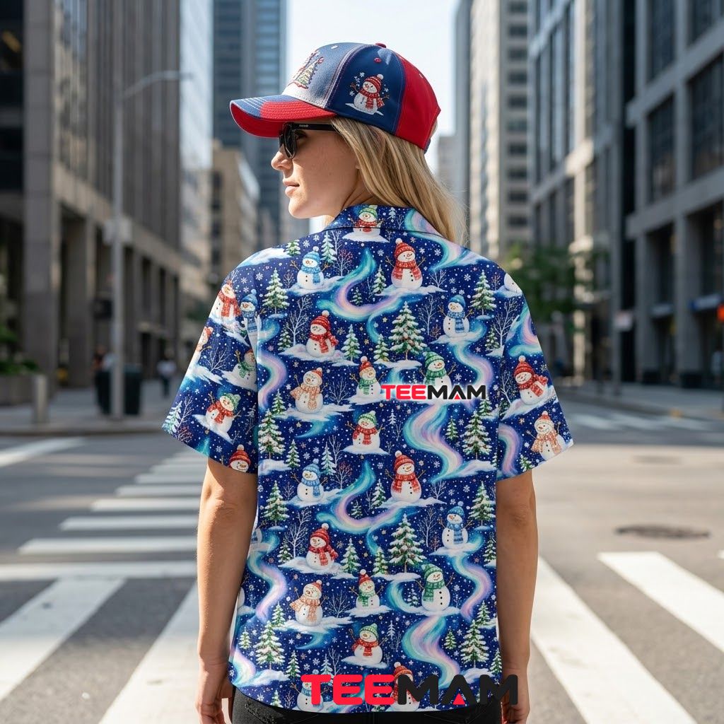 Cute Christmas Hawaiian Shirt Snowman Northern Lights Winter Blue Version 3 Cute Christmas Hawaiian Shirt Snowman Northern Lights Winter Blue Version 3