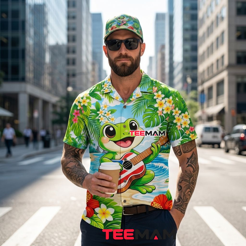 Cute Frog Hawaiian Shirt Puerto Rico Guitar Green Back Cute Frog Hawaiian Shirt Puerto Rico Guitar Green Back