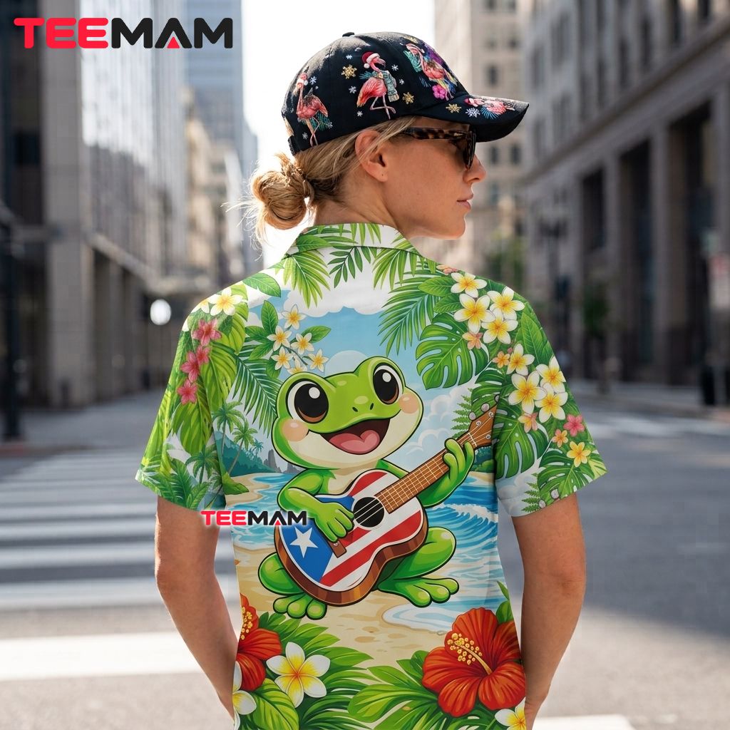 Cute Frog Hawaiian Shirt Puerto Rico Guitar Green Version 3 Cute Frog Hawaiian Shirt Puerto Rico Guitar Green Version 3