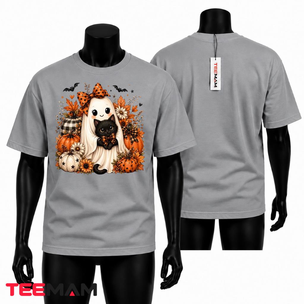 Cute Ghost Black Cat T-Shirt Halloween Floral Pumpkin