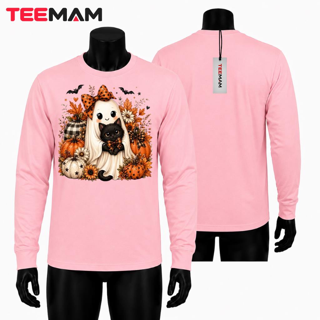 Cute Ghost Black Cat Long Sleeve Halloween Floral Pumpkin Cute Ghost Black Cat Long Sleeve Halloween Floral Pumpkin