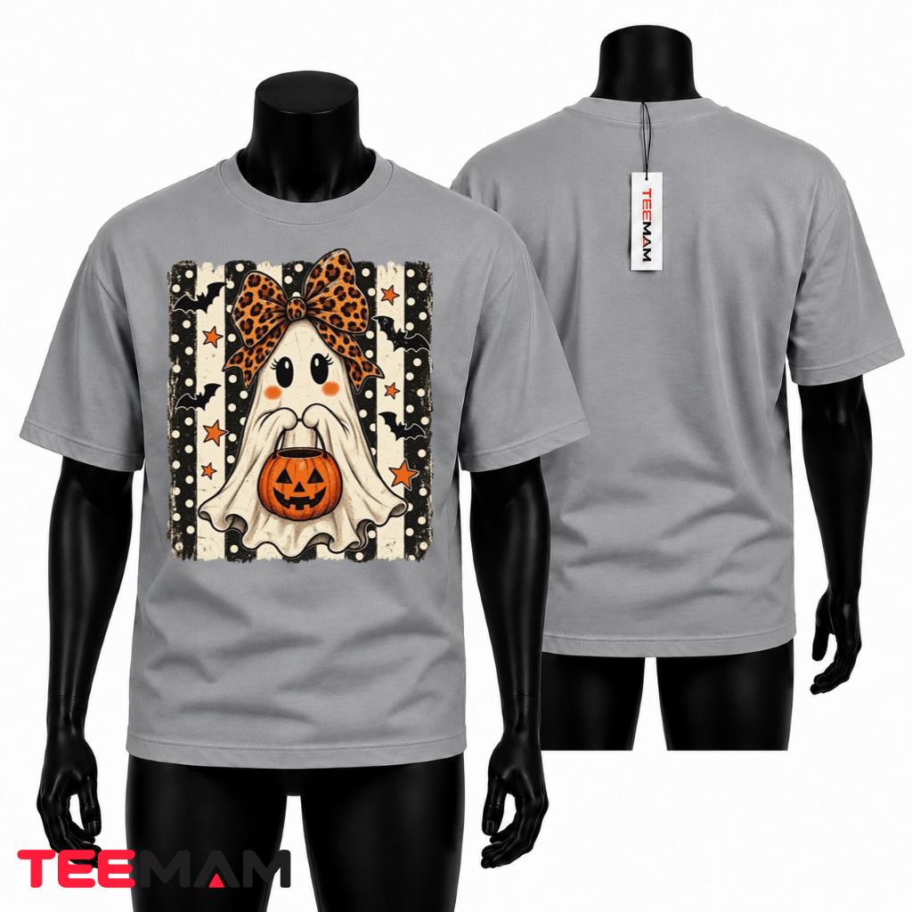 Cute Ghost Halloween T-Shirt Leopard Bow Pumpkin Bat