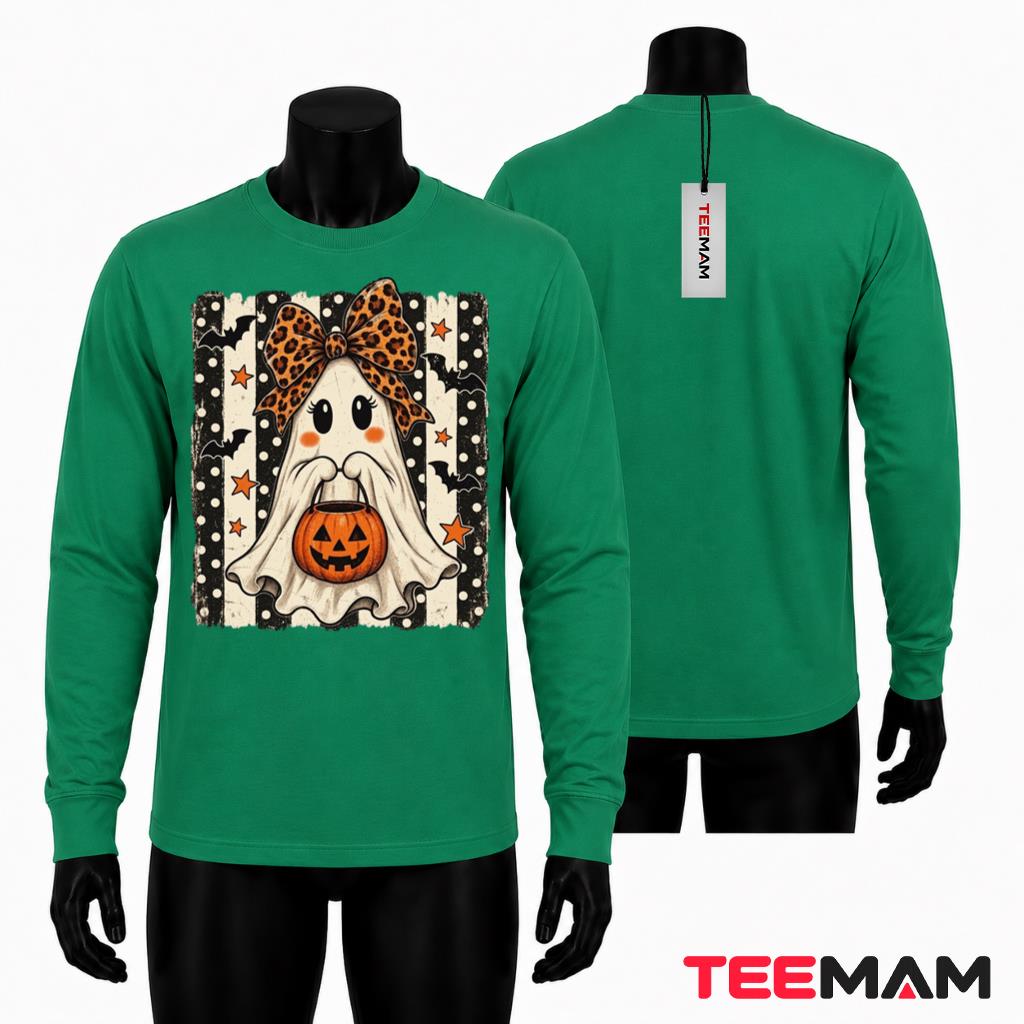 Cute Ghost Halloween Long Sleeve Leopard Bow Pumpkin Bat Cute Ghost Halloween Long Sleeve Leopard Bow Pumpkin Bat