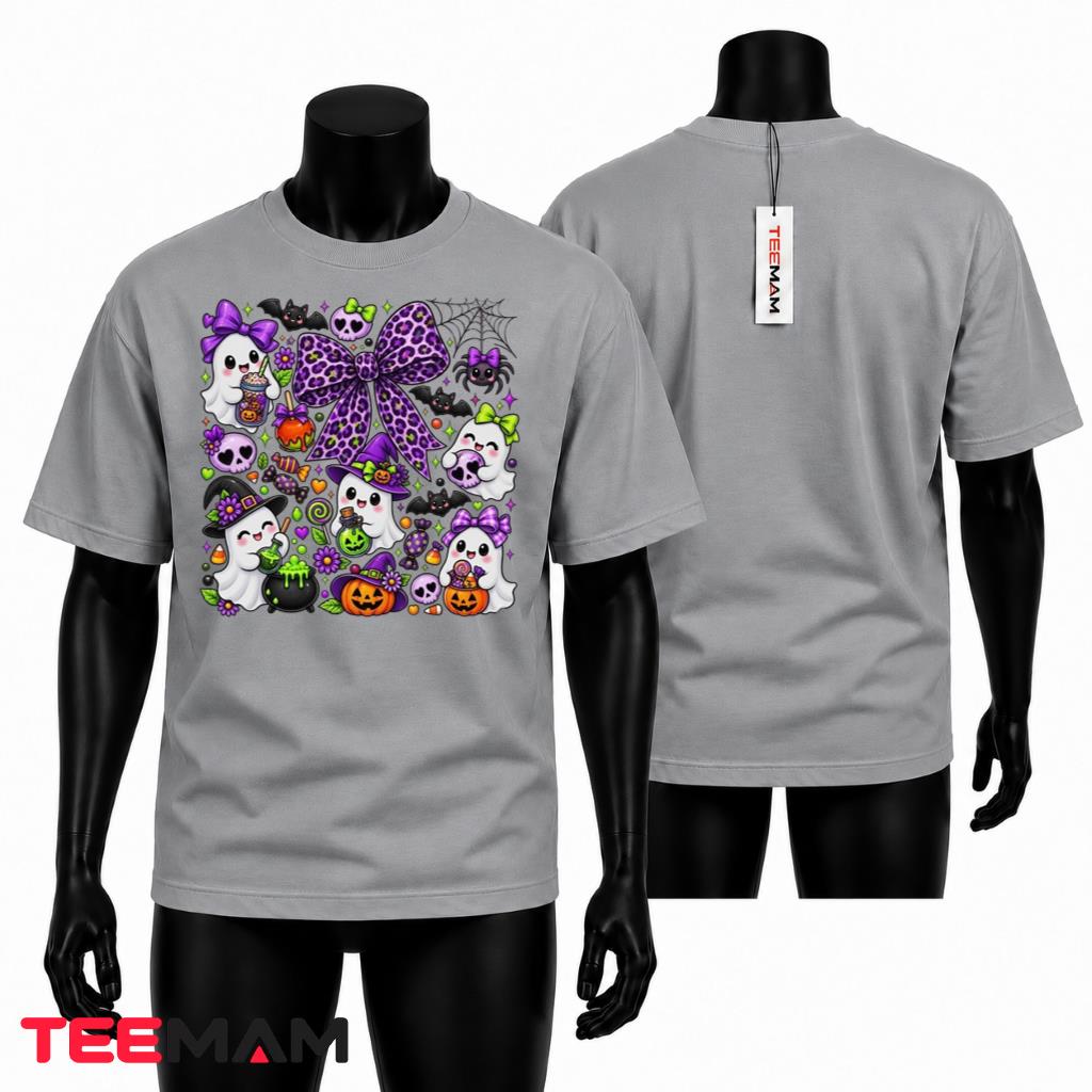Cute Ghost Halloween T-Shirt Purple Leopard Bow Spooky