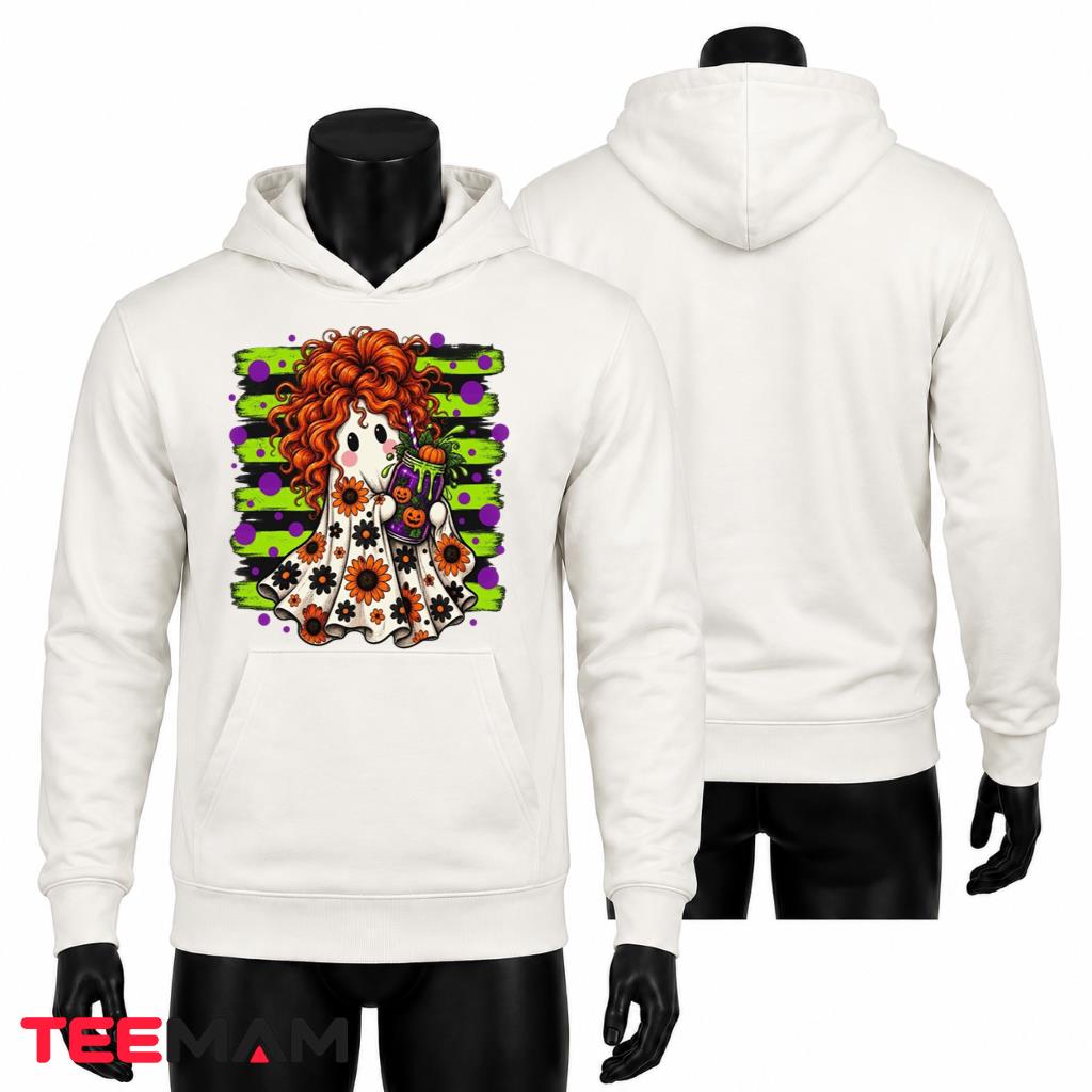 Cute Ghost Halloween Hoodie Sunflower Curly Hair Drink Cute Ghost Halloween Hoodie Sunflower Curly Hair Drink