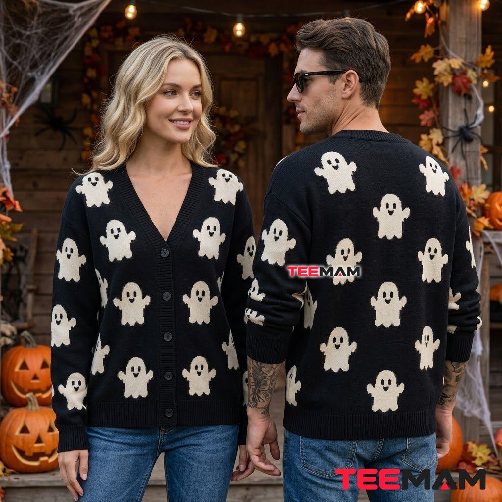 Cute Halloween Cardigan Ghost Print Sweater 2 Cute Halloween Cardigan Ghost Print Sweater 2