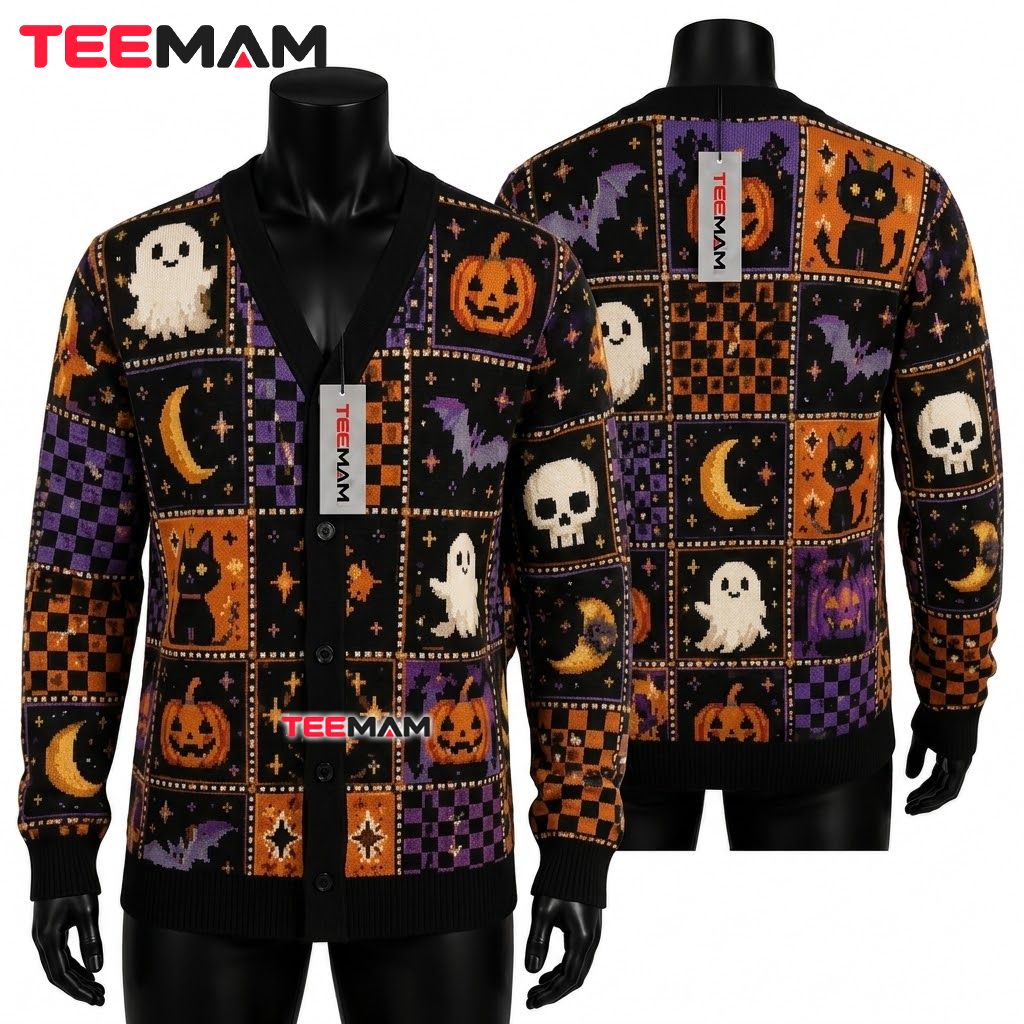 Cute Halloween Cardigan Ghost Pumpkin Cat Patchwork Sweater 1