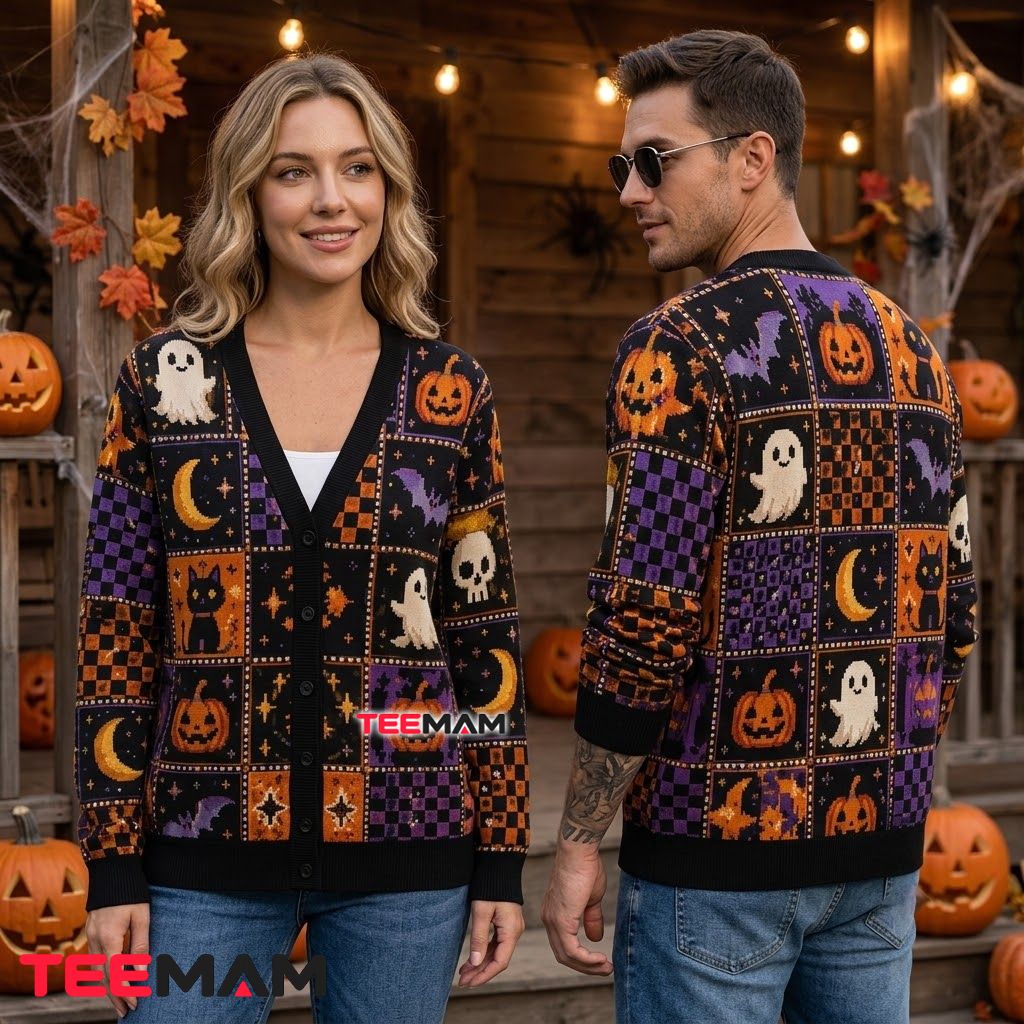 Cute Halloween Cardigan Ghost Pumpkin Cat Patchwork Sweater 2 Cute Halloween Cardigan Ghost Pumpkin Cat Patchwork Sweater 2