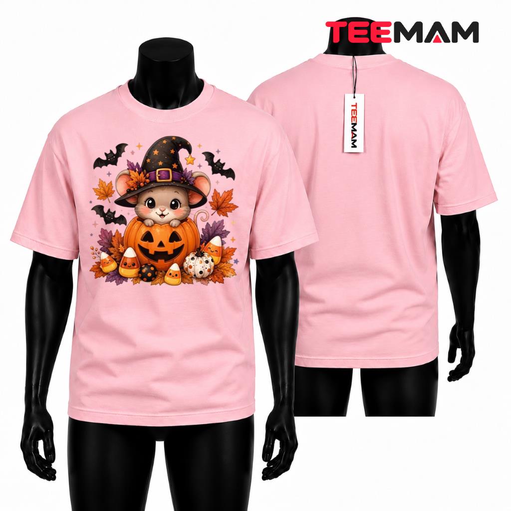 Cute Mouse Halloween T-Shirt Witch Hat Pumpkin Candy Corn