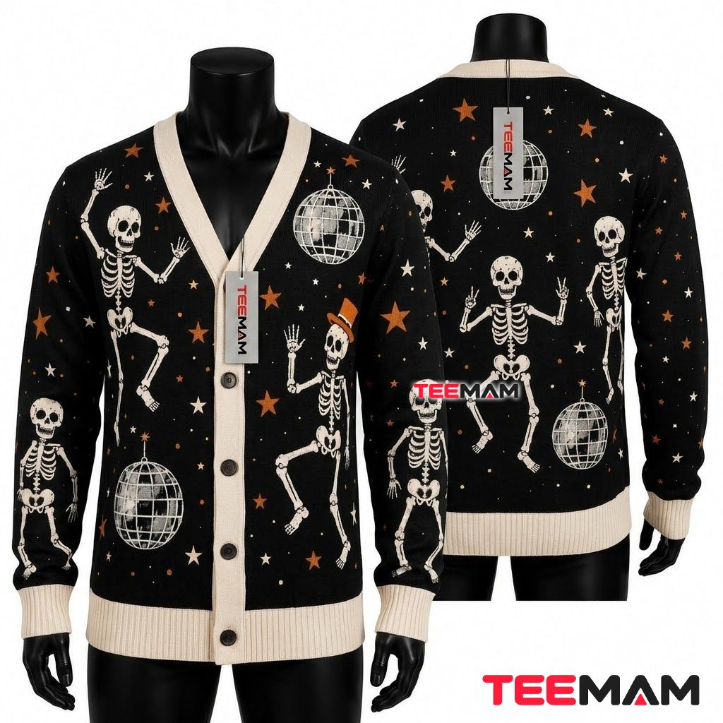 Dancing Halloween Cardigan Disco Skeleton Party Stars 1
