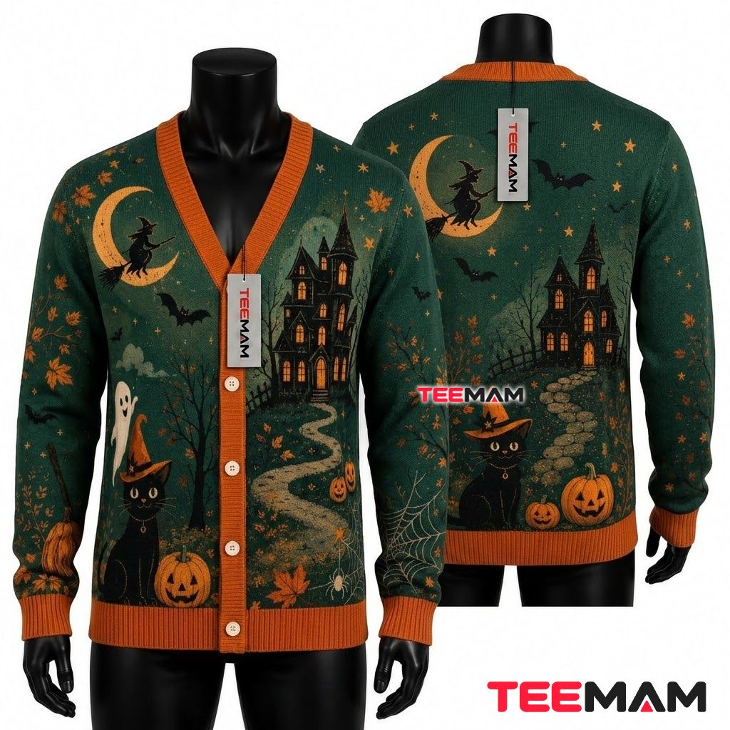 Dark Green Halloween Cardigan Haunted House Pumpkin 1