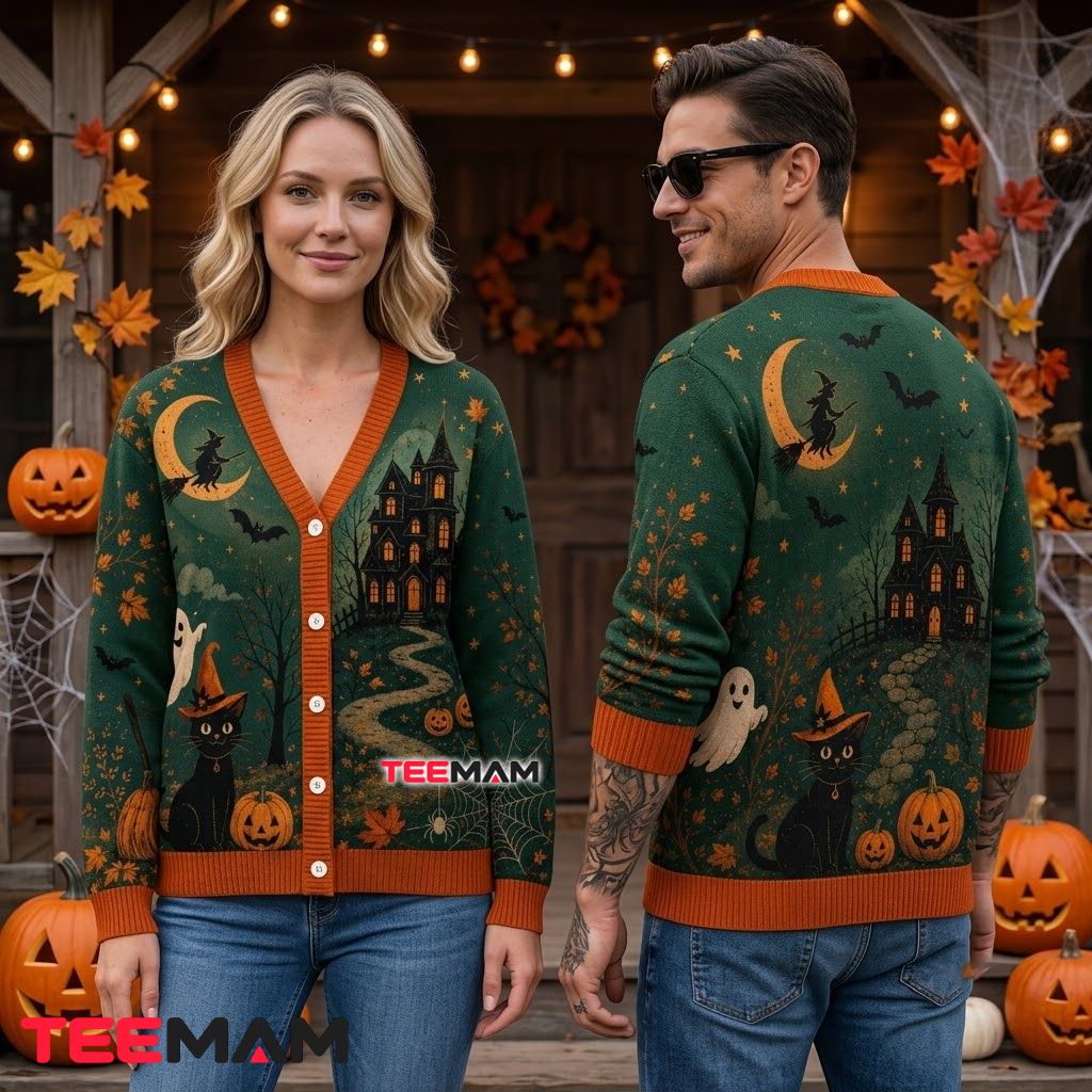 Dark Green Halloween Cardigan Haunted House Pumpkin 2 Dark Green Halloween Cardigan Haunted House Pumpkin 2