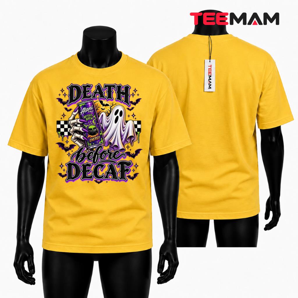 Death Before Decaf Halloween T-Shirt Ghost Bat