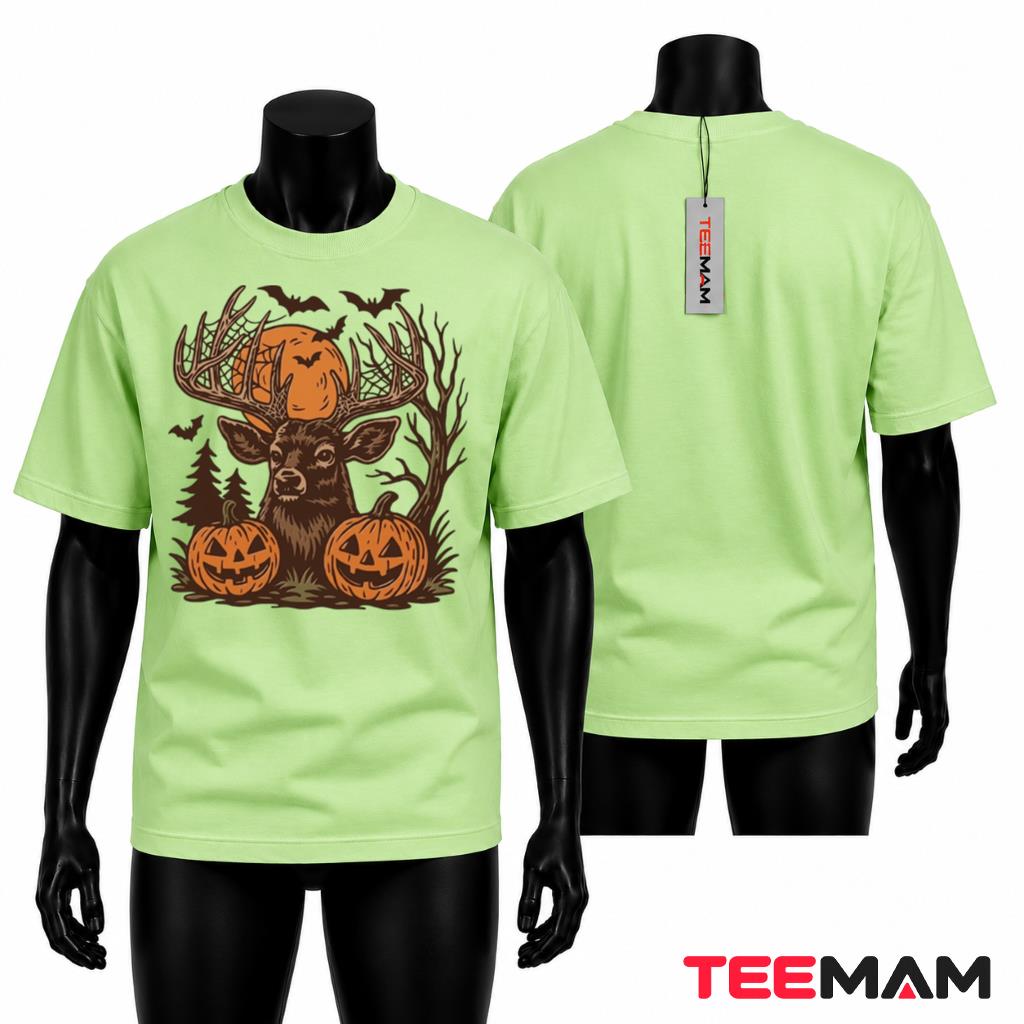 Deer Halloween T-Shirt Spooky Pumpkin Moon Bats Forest