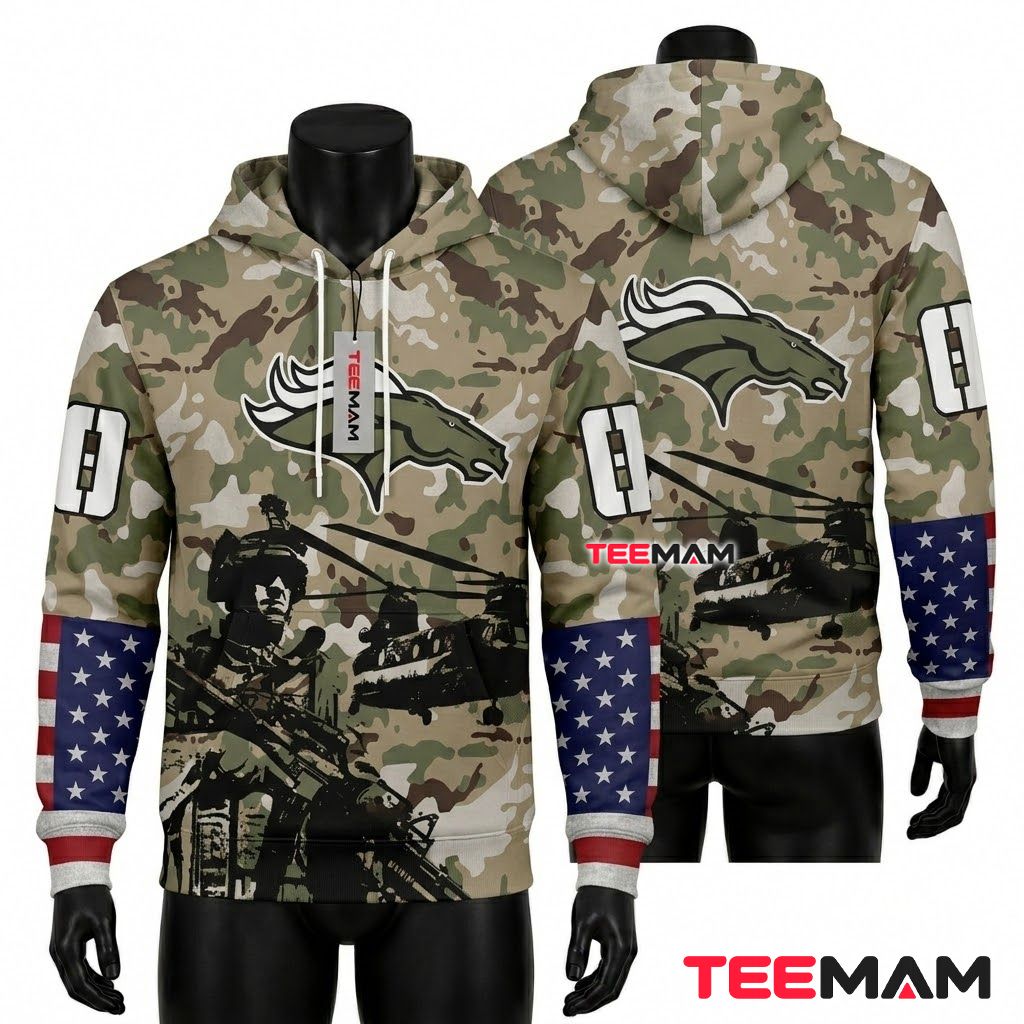 Denver Broncos 3D Hoodie Army Soldier Helicopter Camo Front