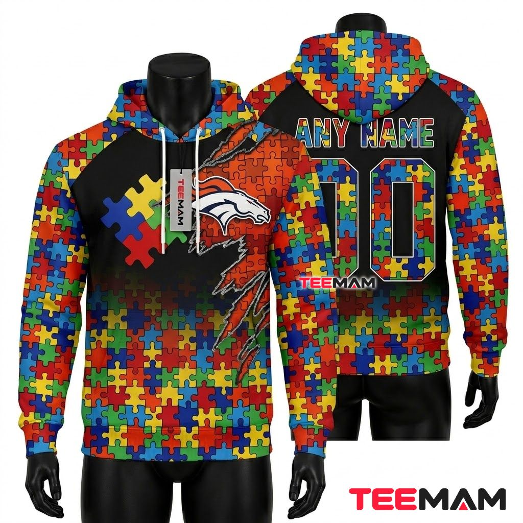 Denver Broncos 3D Hoodie Autism Awareness Puzzle Claw Front