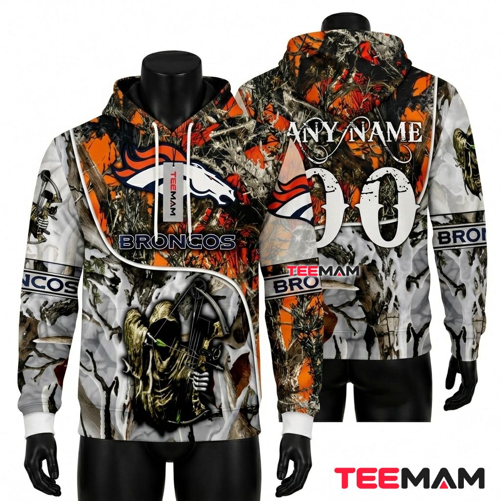Denver Broncos 3D Hoodie Bow Hunting Grim Reaper Split Print Front
