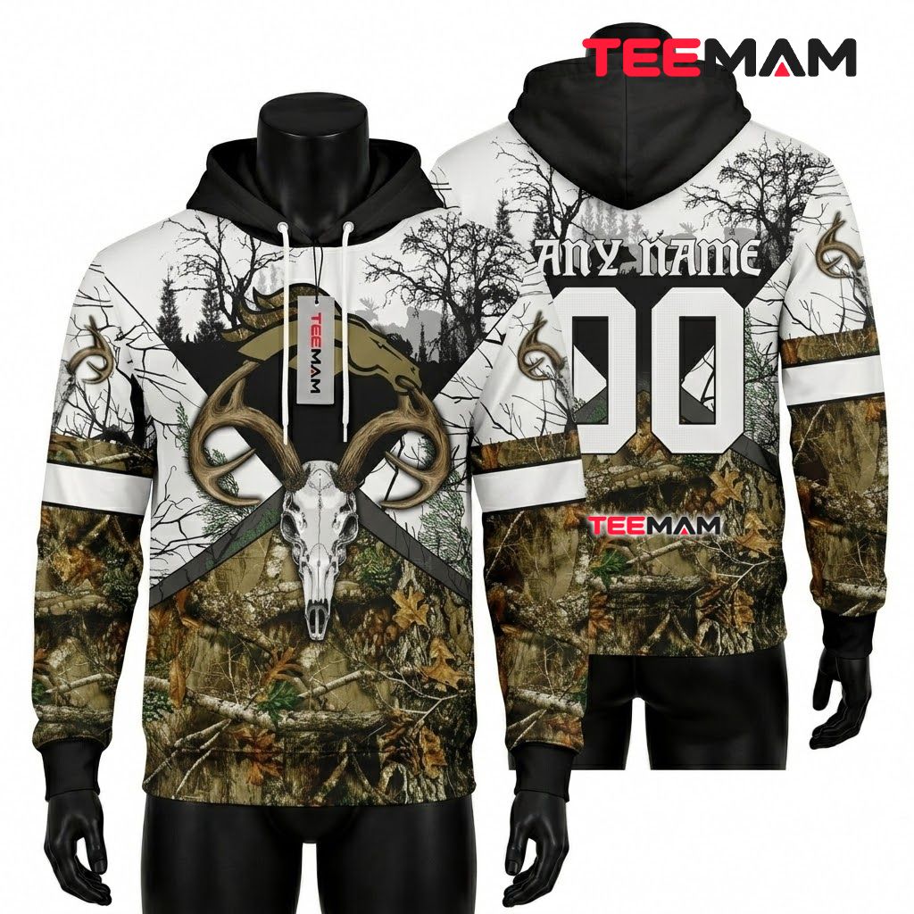 Denver Broncos 3D Hoodie Deer Skull Camo Hunting Front