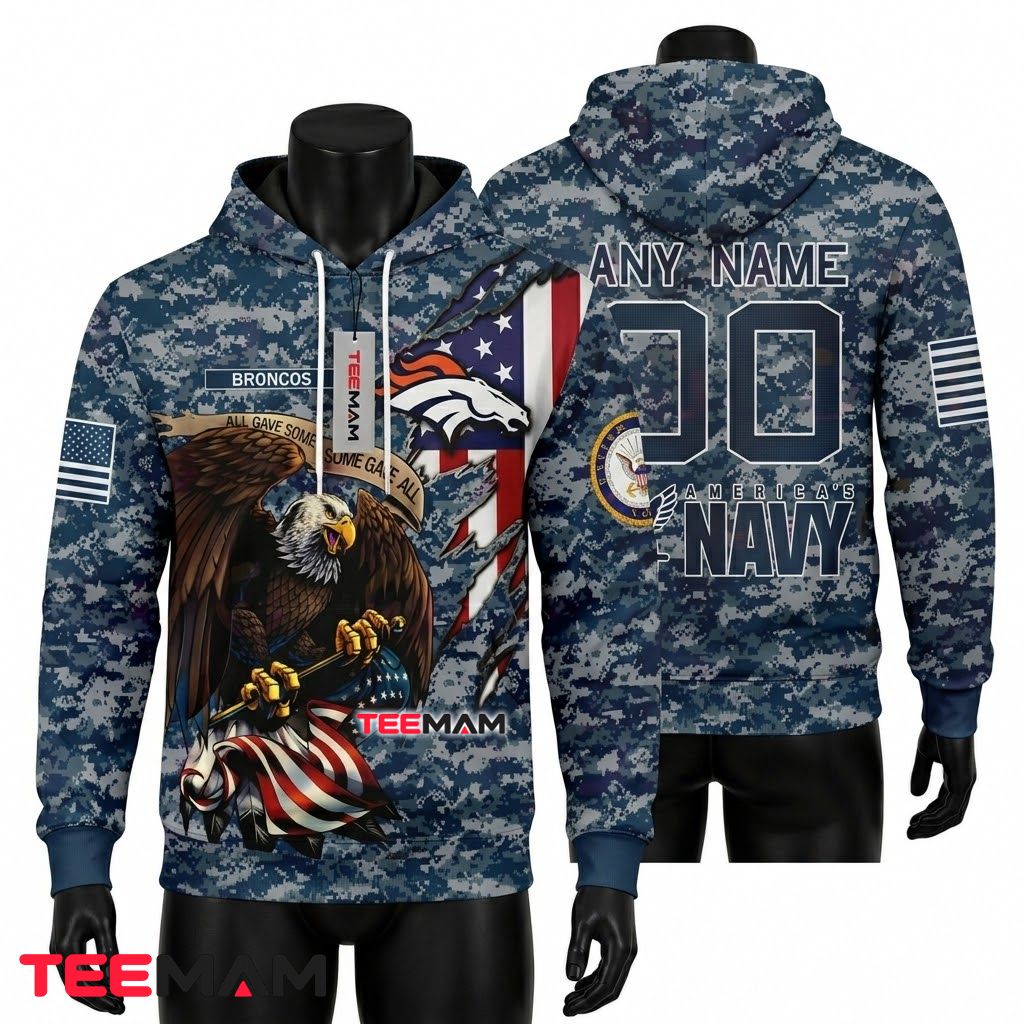 Denver Broncos 3D Hoodie Eagle Some Gave All Navy Camo Front
