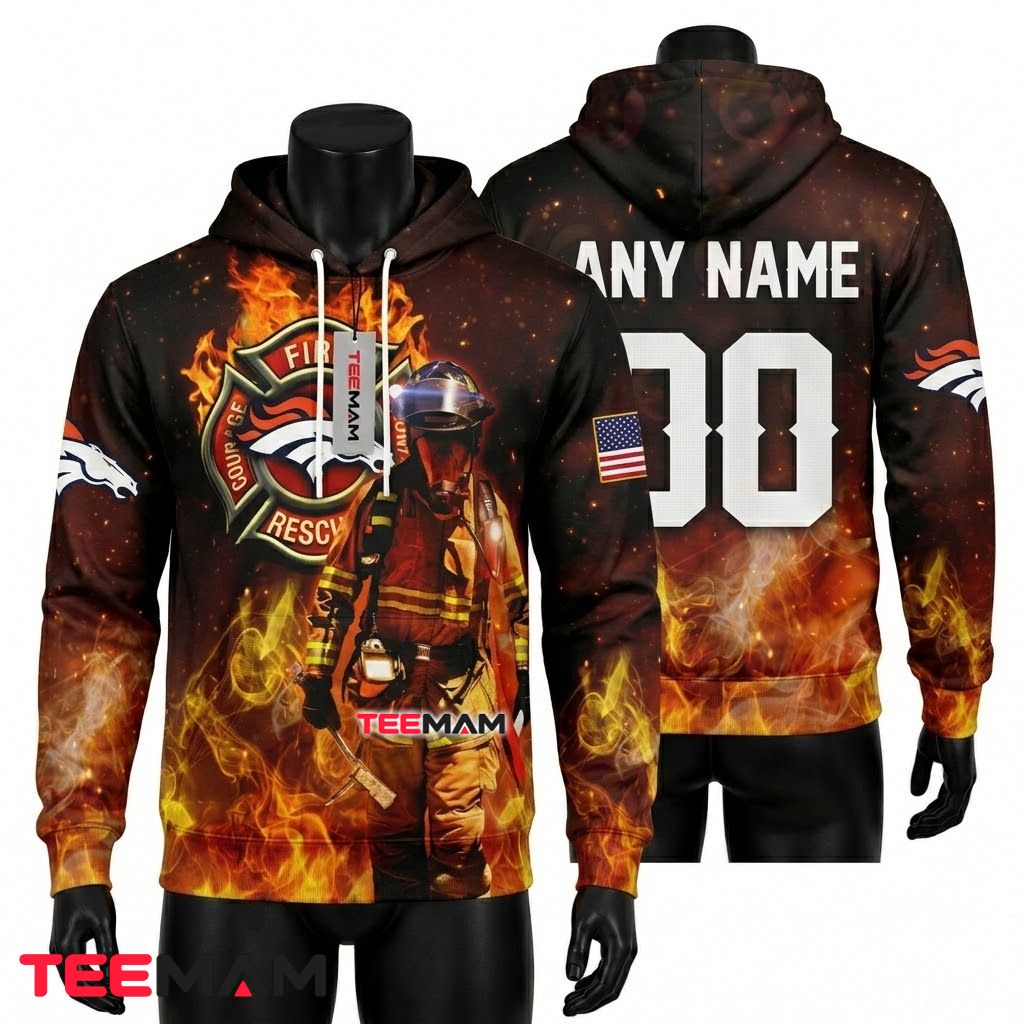 Denver Broncos 3D Hoodie Firefighter Flame Rescue Badge Front