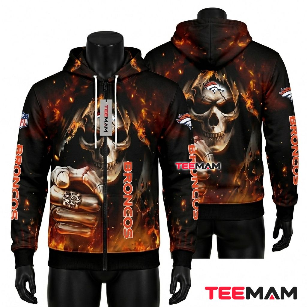 Denver Broncos 3D Hoodie Flame Skull Fist Zip Front