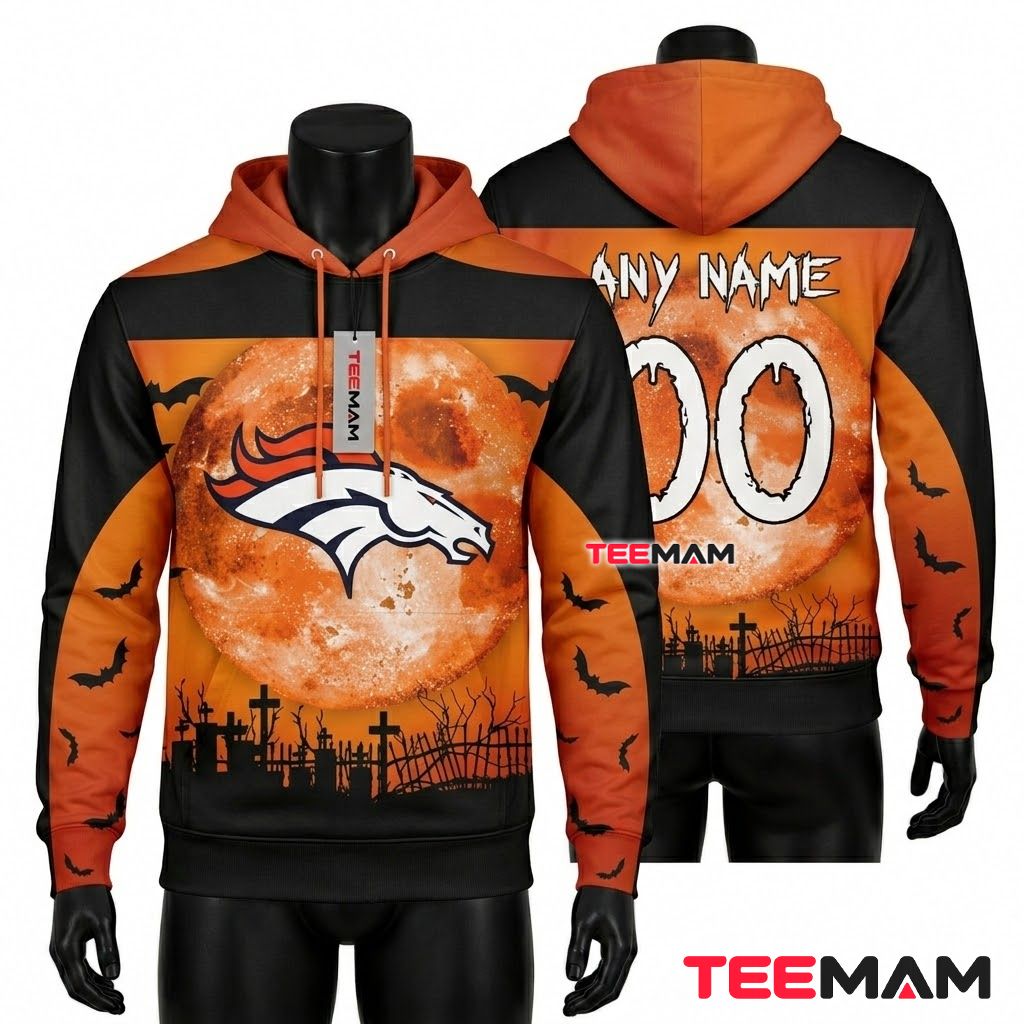 Denver Broncos 3D Hoodie Halloween Full Moon Graveyard Front