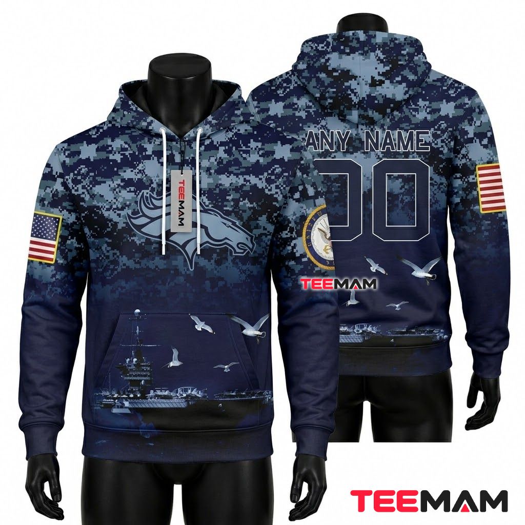 Denver Broncos 3D Hoodie Navy Digital Camo Warship Front