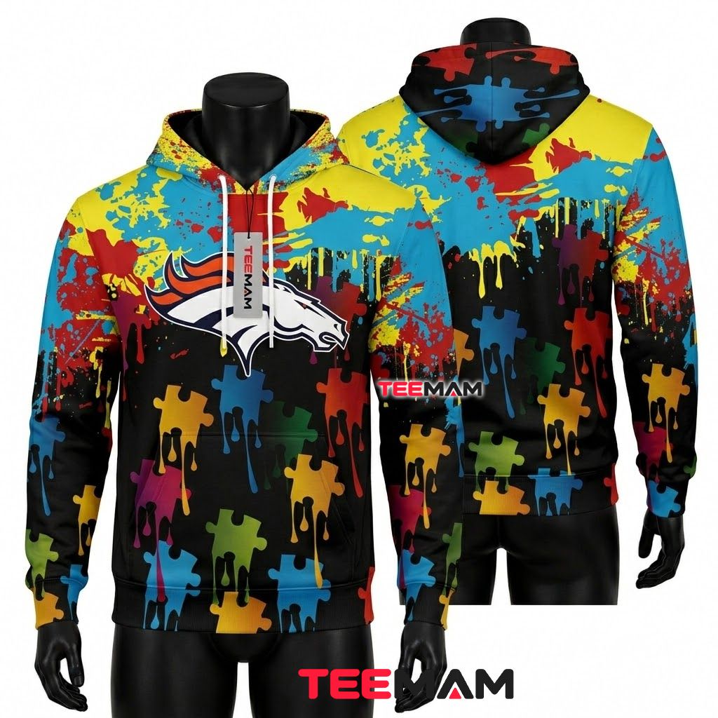 Denver Broncos 3D Hoodie Paint Splatter Puzzle Autism Front