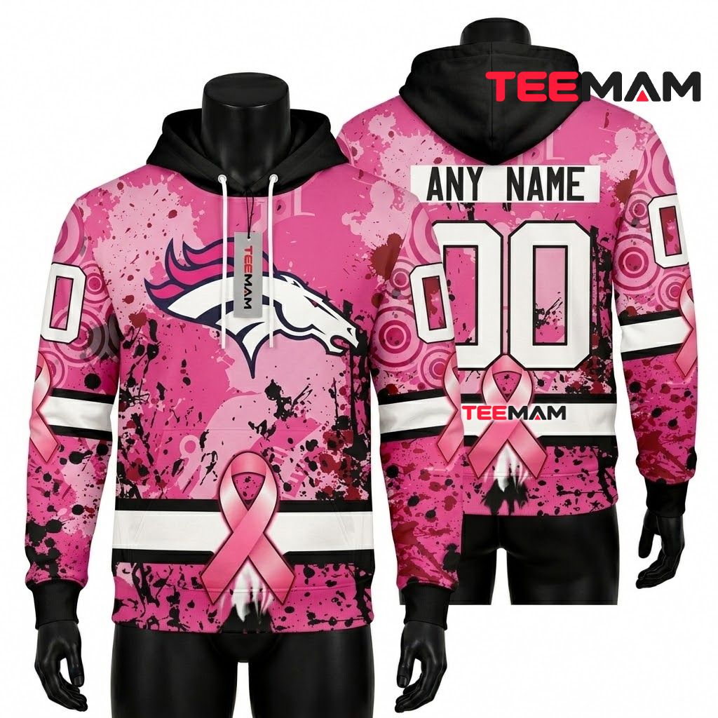 Denver Broncos 3D Hoodie Pink Paint Splatter Ribbon Front