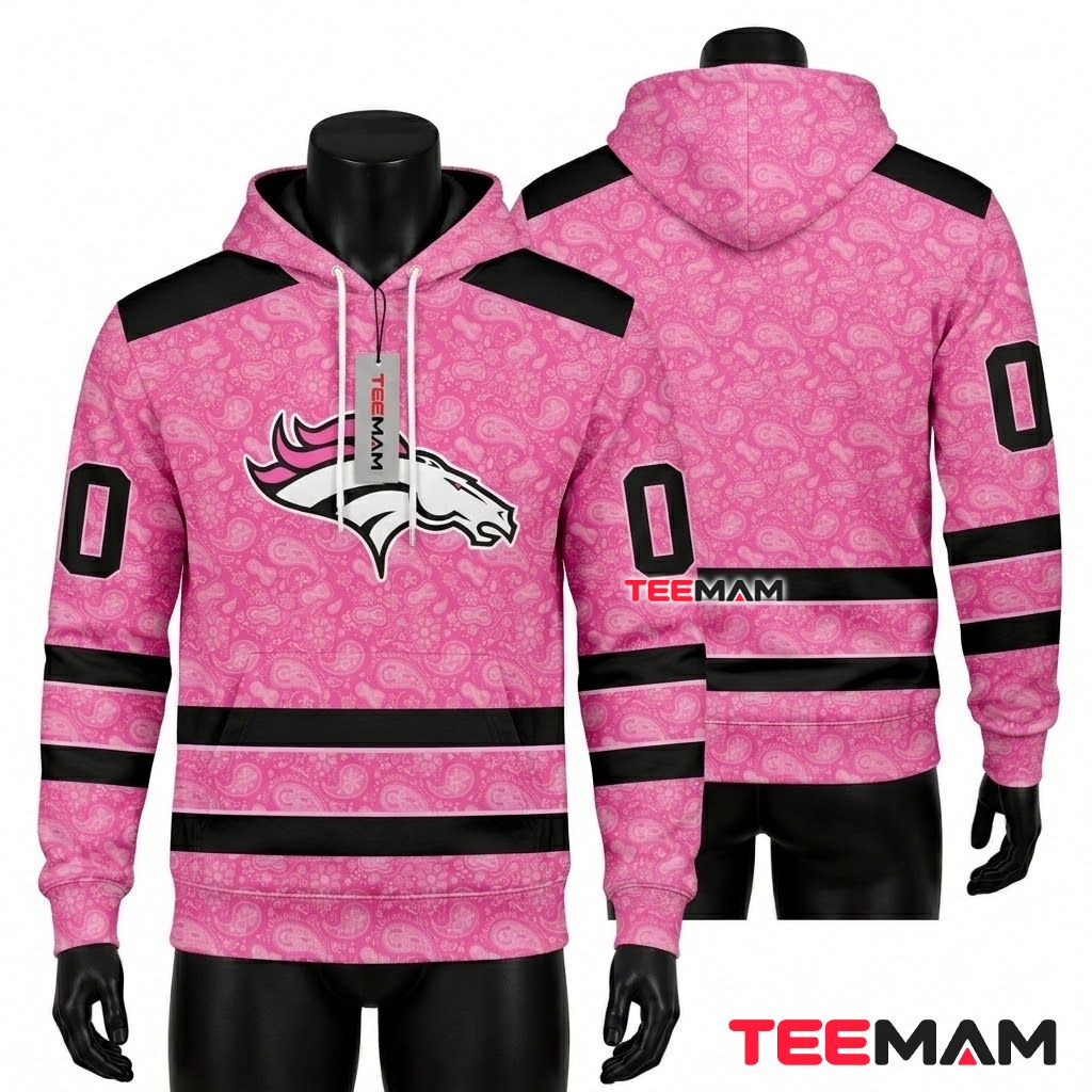 Denver Broncos 3D Hoodie Pink Paisley Ribbon Pattern Front
