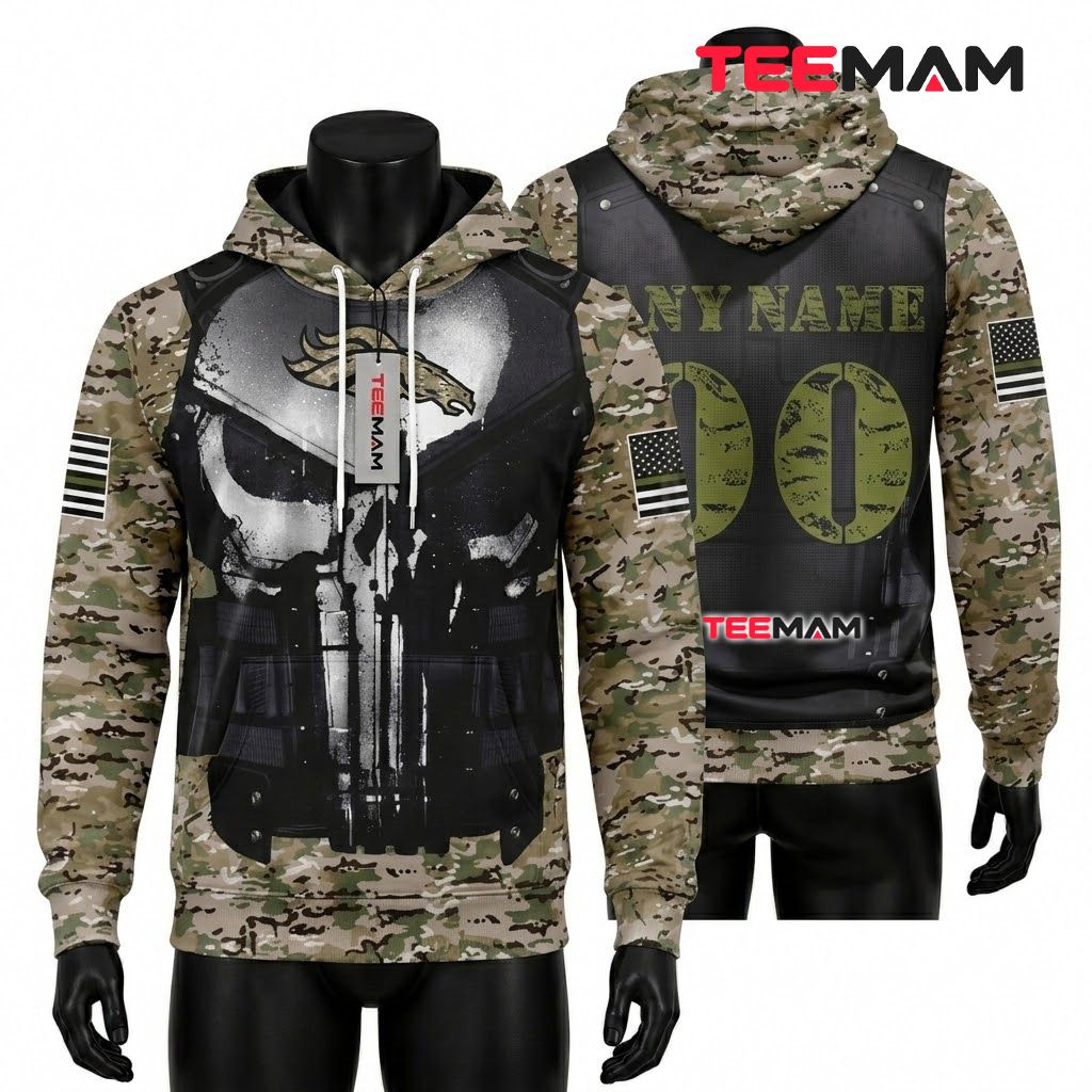 Denver Broncos 3D Hoodie Punisher Skull Camouflage Front