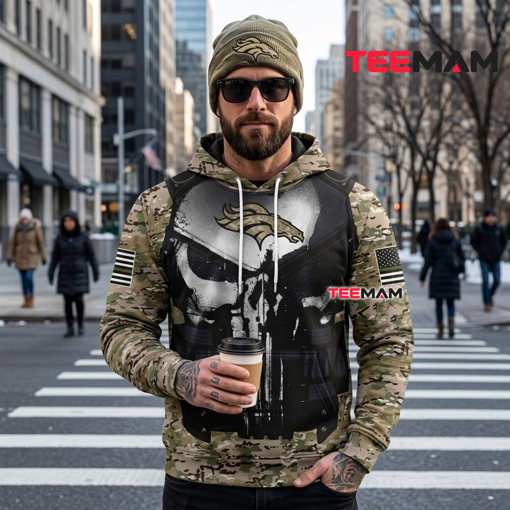 Denver Broncos 3D Hoodie Punisher Skull Camouflage Back Denver Broncos 3D Hoodie Punisher Skull Camouflage Back