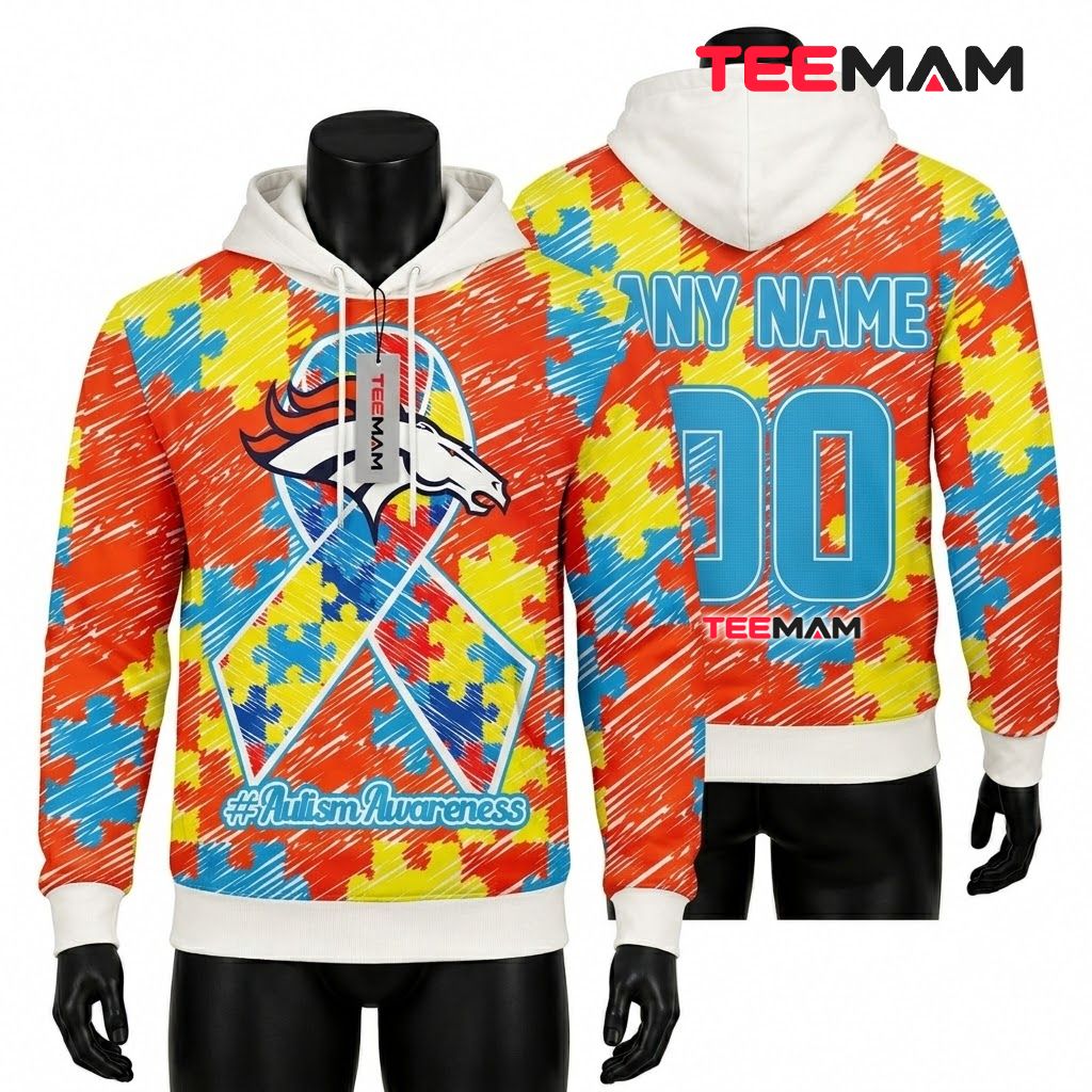 Denver Broncos 3D Hoodie Puzzle Ribbon Autism Awareness Front
