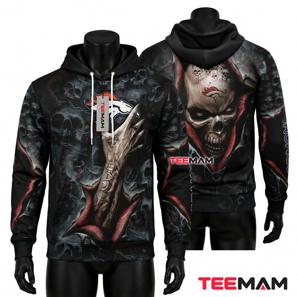 Denver Broncos 3D Hoodie Rock Hand Tattoo Skull Fog Front