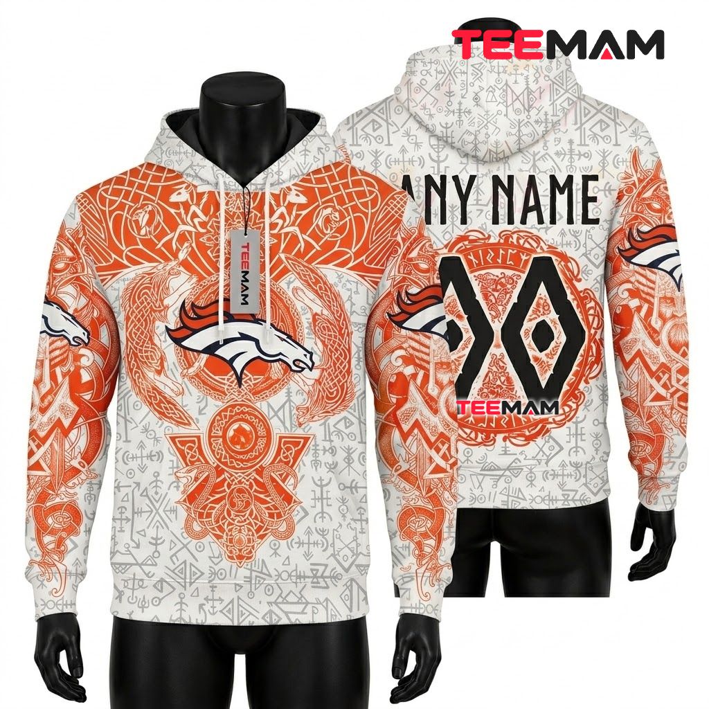 Denver Broncos 3D Hoodie Viking Wolf Rune Pattern Front
