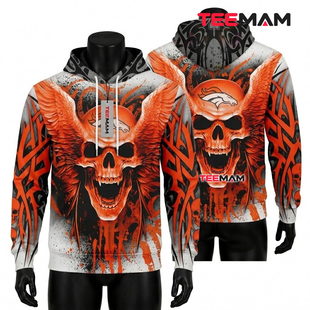 Denver Broncos 3D Hoodie Winged Skull Tribal Design Front