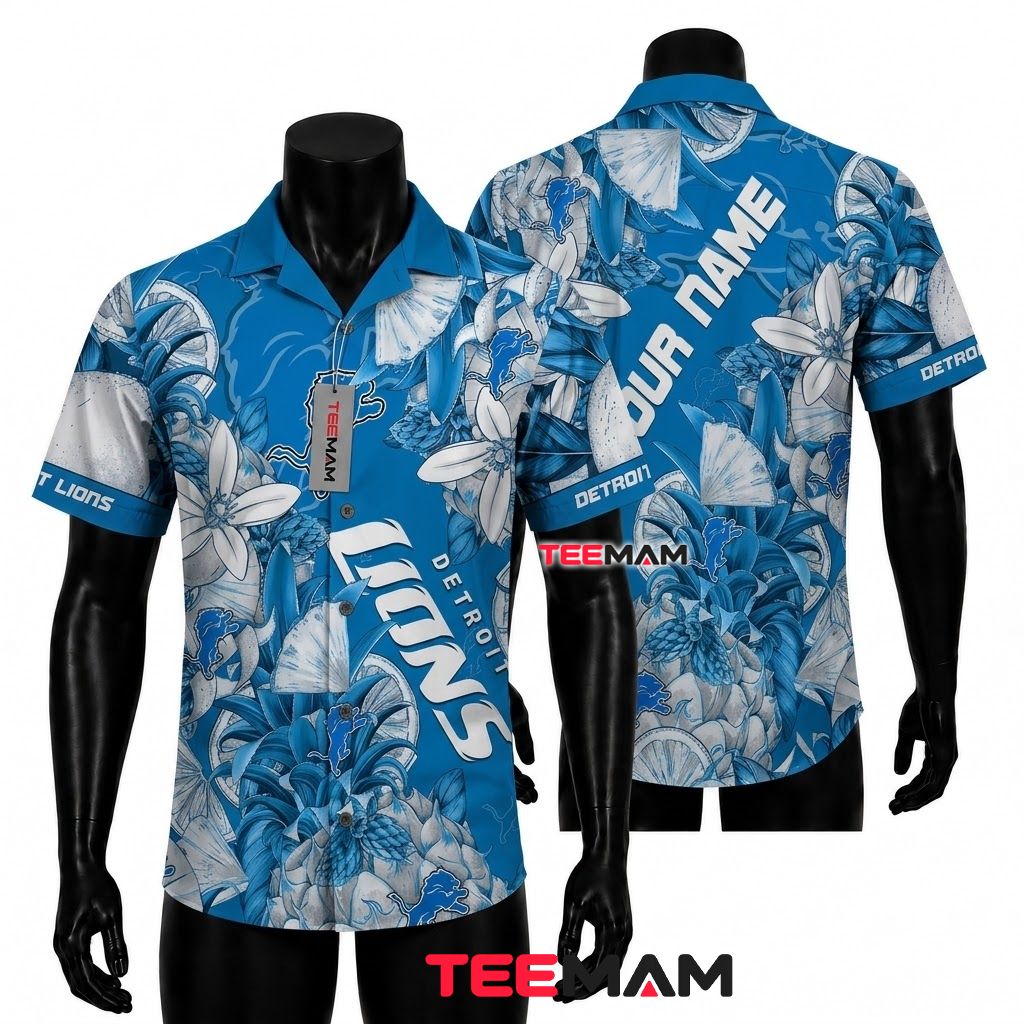 Detroit Lions Aloha Shirt Custom Name Pineapple Front