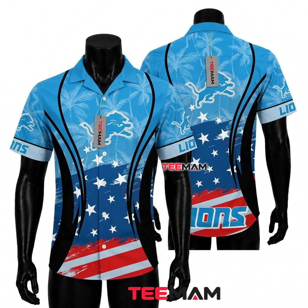 Detroit Lions Hawaiian Shirt American Flag Front
