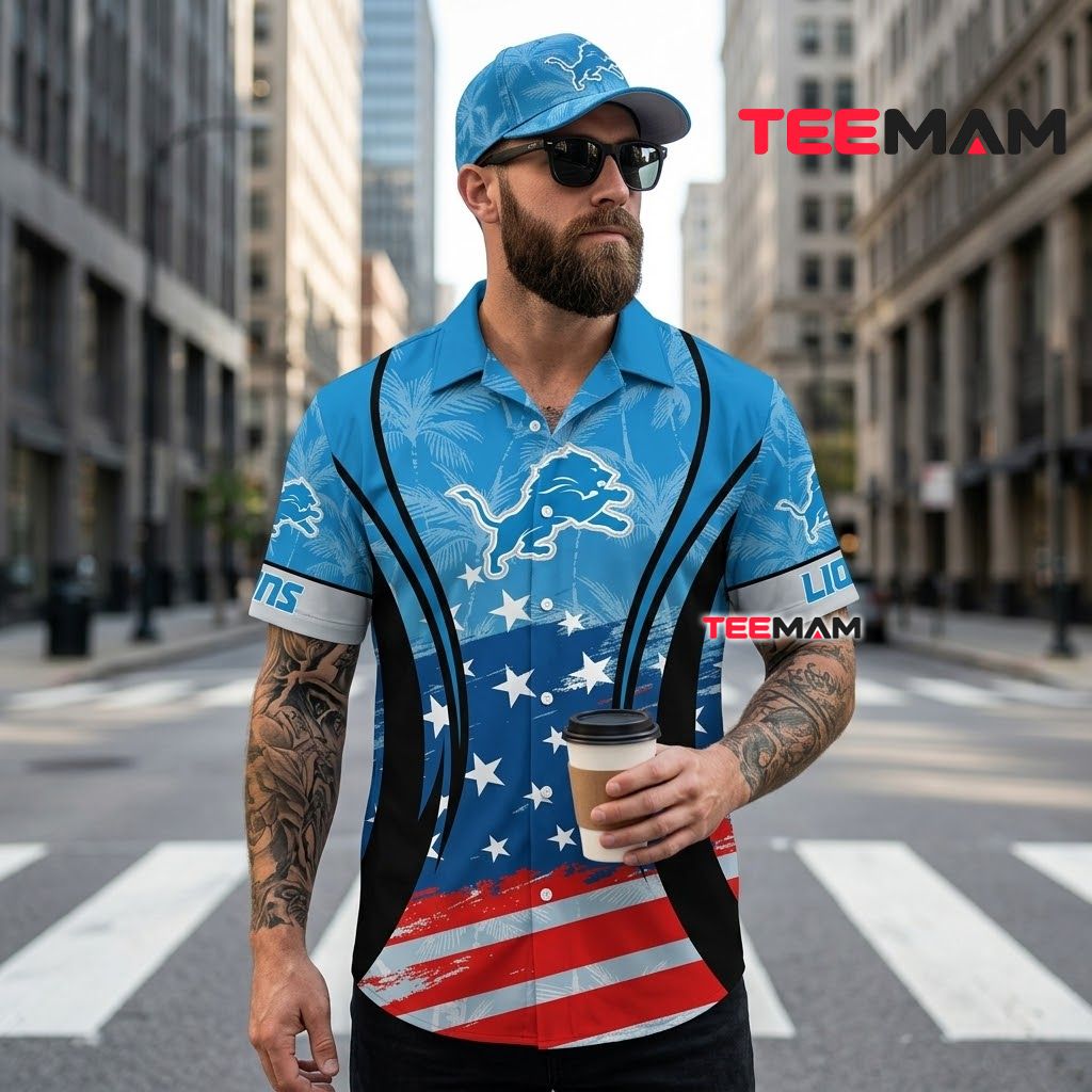 Detroit Lions Hawaiian Shirt American Flag Back Detroit Lions Hawaiian Shirt American Flag Back